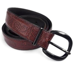 Just Jamie Italian Calfskin Leather Belt Paisley Black Metal Buckle 28-31inches